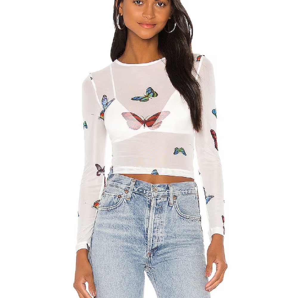 superdown Sheer White Butterfly Crop Top